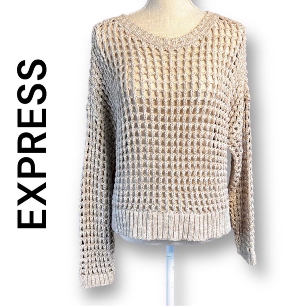 EXPRESS | Tan Open Knit Crochet Long Sleeve
Sweater - Picture 7 of 9